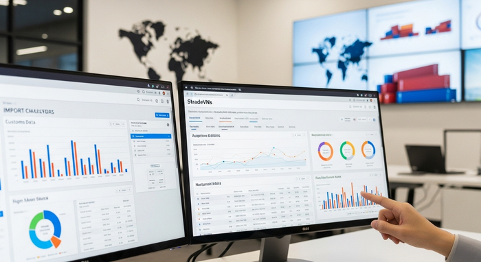 Minh họa giao diện và báo cáo phân tích data hải quan StradeVn Giao diện và báo cáo phân tích của StradeVn